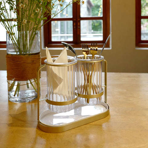 Kivsty portacubiertos dorado con dos tazas transparentes, fácil acceso y organización.