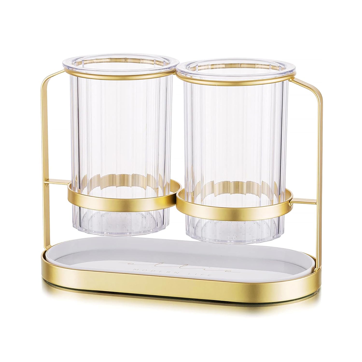 Kivsty portacubiertos dorado en mesa, diseño elegante para mantener cubiertos a mano.