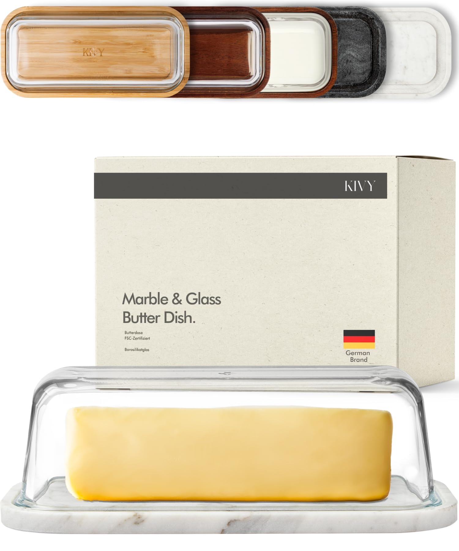 Mantequera KIVY de mármol blanco con tapa de cristal para mantener la mantequilla protegida.