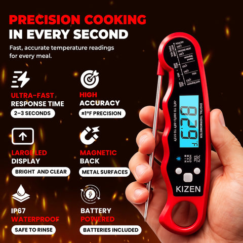 Termómetro KIZEN con pantalla iluminada grande para lectura en la cocina nocturna.