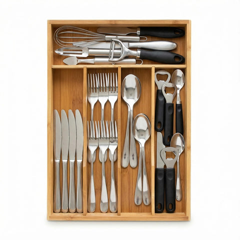 Klabelle organizador de cajón en bambú con 5 compartimentos para utensilios, acceso rápido.