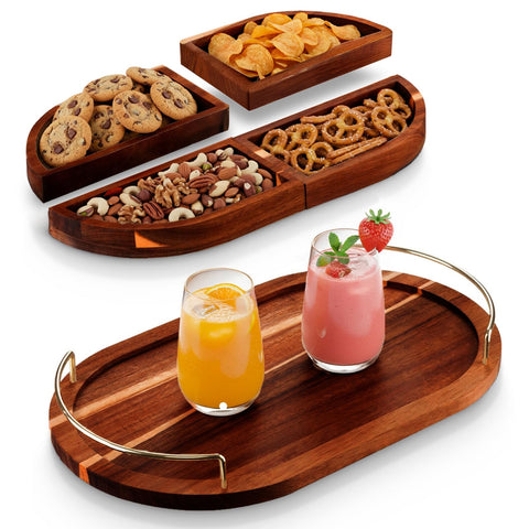Klavio bandeja ovalada modular de Acacia con asas para servir aperitivos con estilo.