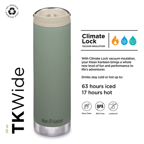Klean Kanteen 20oz TKWide, tapa Café Cap Sea Spray en primer plano para transporte.