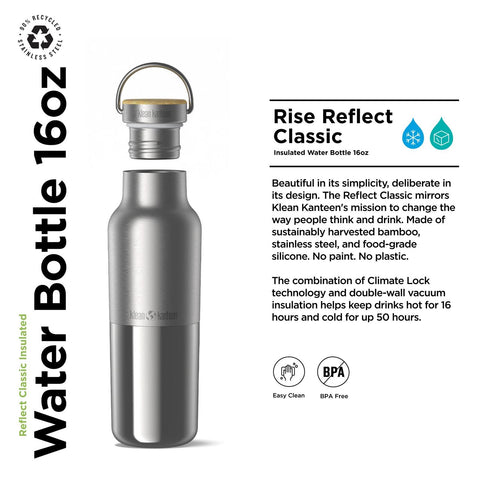 Interior de acero inoxidable de la Klean Kanteen Rise Reflect evita contacto con plástico