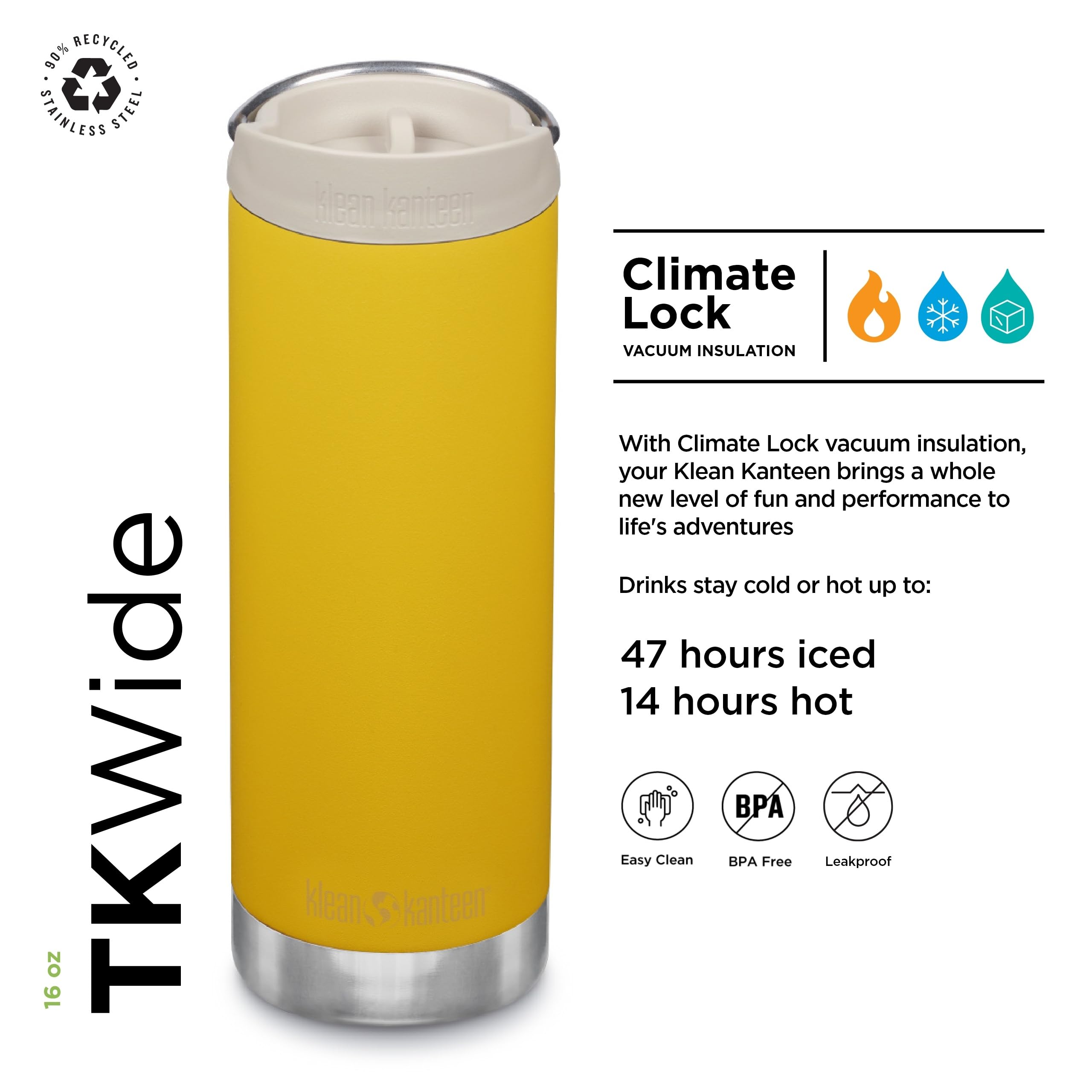 Klean Kanteen TKWide Atardecer, tapa Café Cap para evitar derrames durante el traslado.