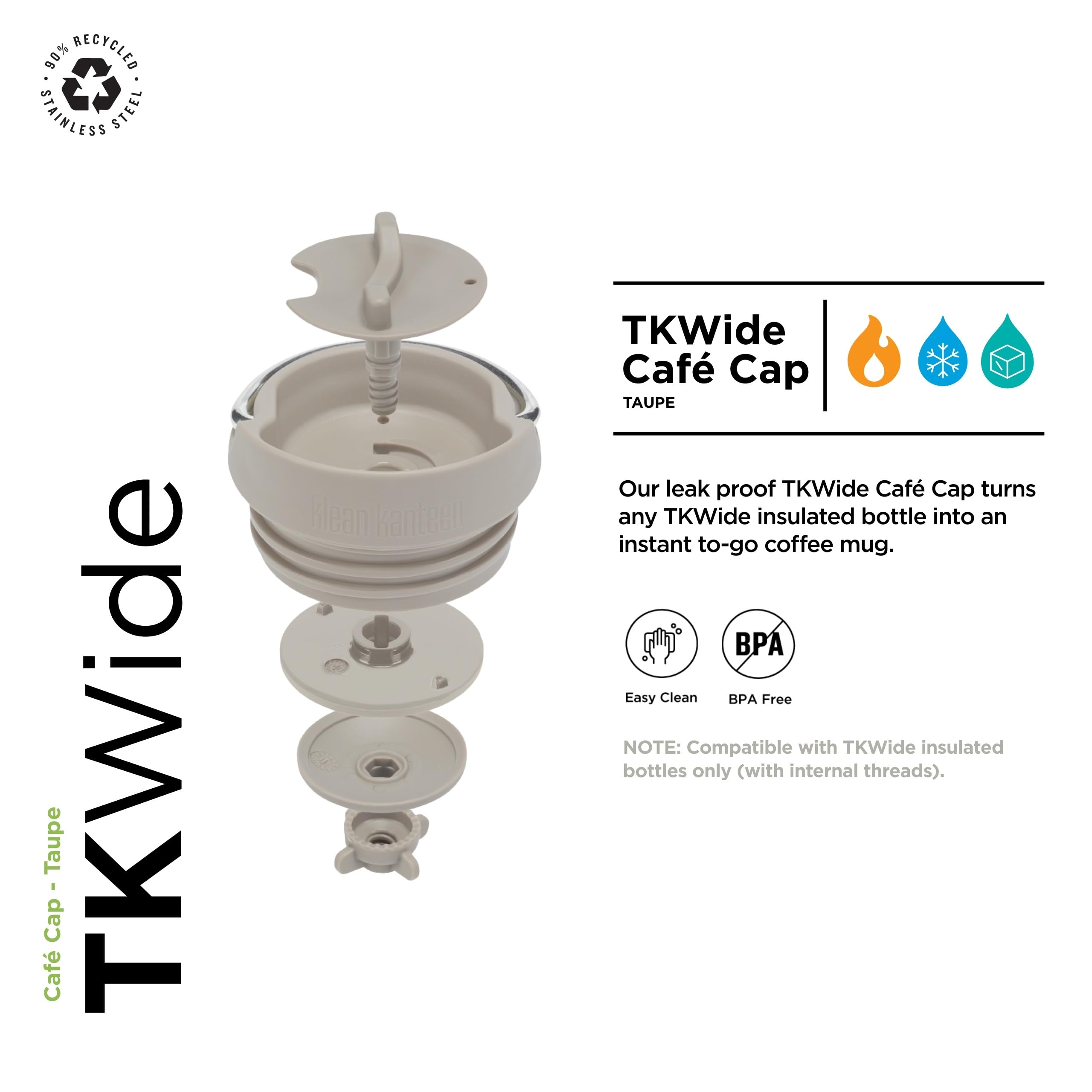 Klean Kanteen TKWide Café Cap: desmontable y apto para lavavajillas para limpieza fácil.