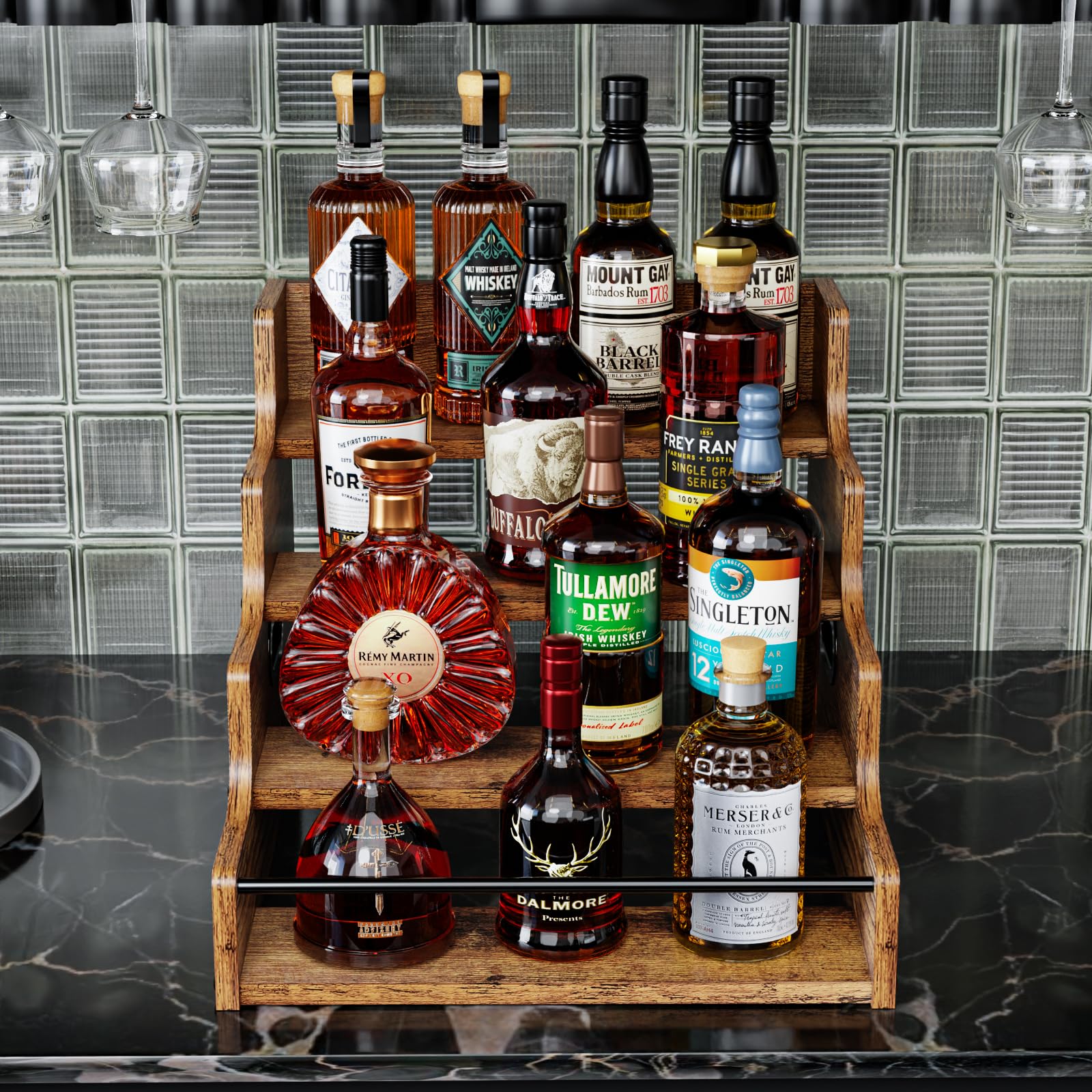 KLM estante diseno robusto de madera, soporte estable para bebidas.