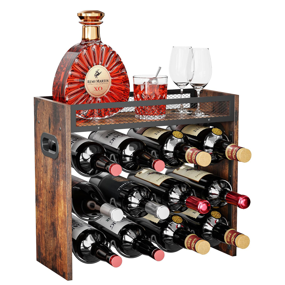 Estante KLM tres niveles para 12 botellas, fácil acceso.