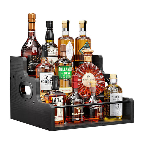 KLM exhibidor de licor de 3 niveles para botellas ordenadas y con estilo.