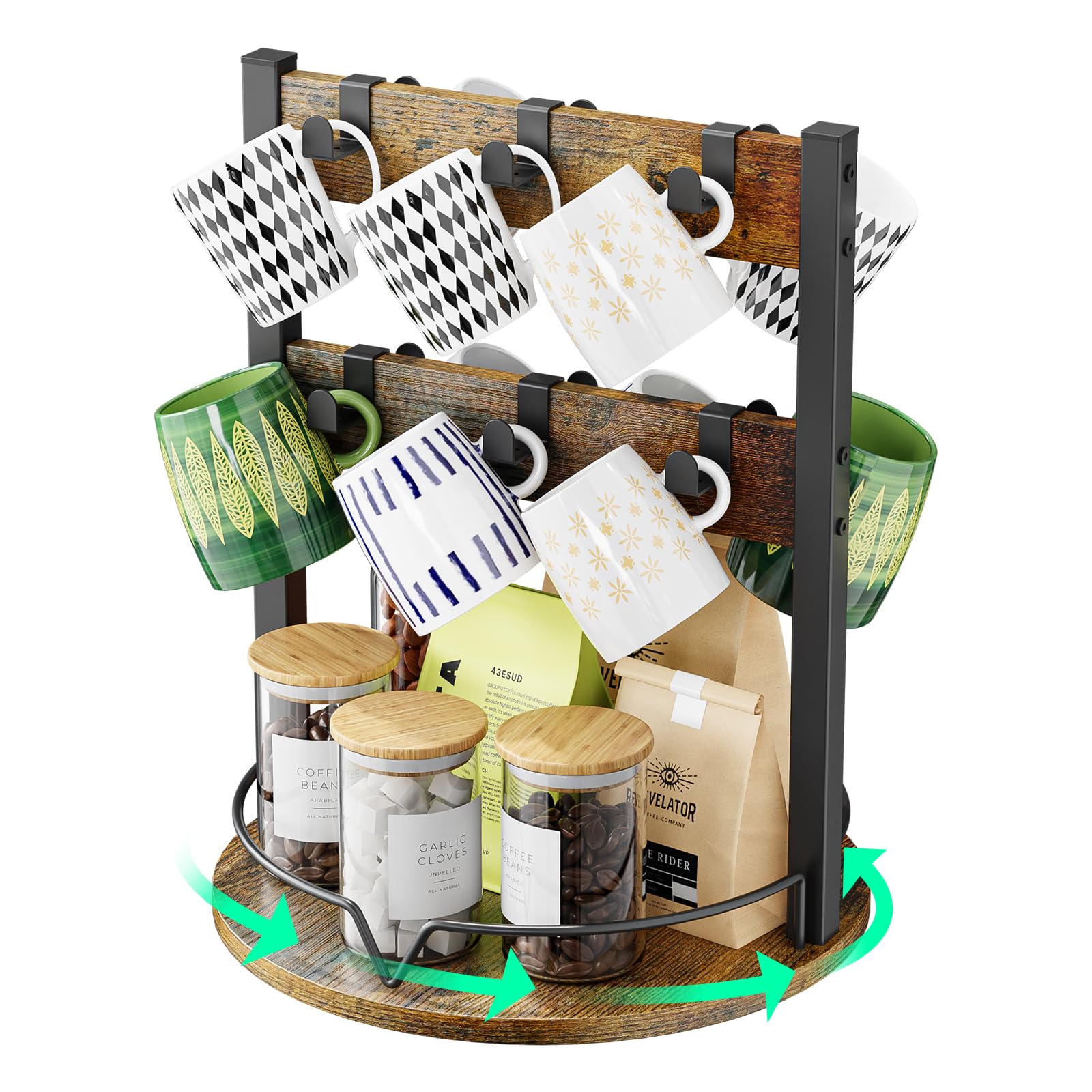 KLM soporte tazas de madera con 12 ganchos, organizador práctico para la cocina.
