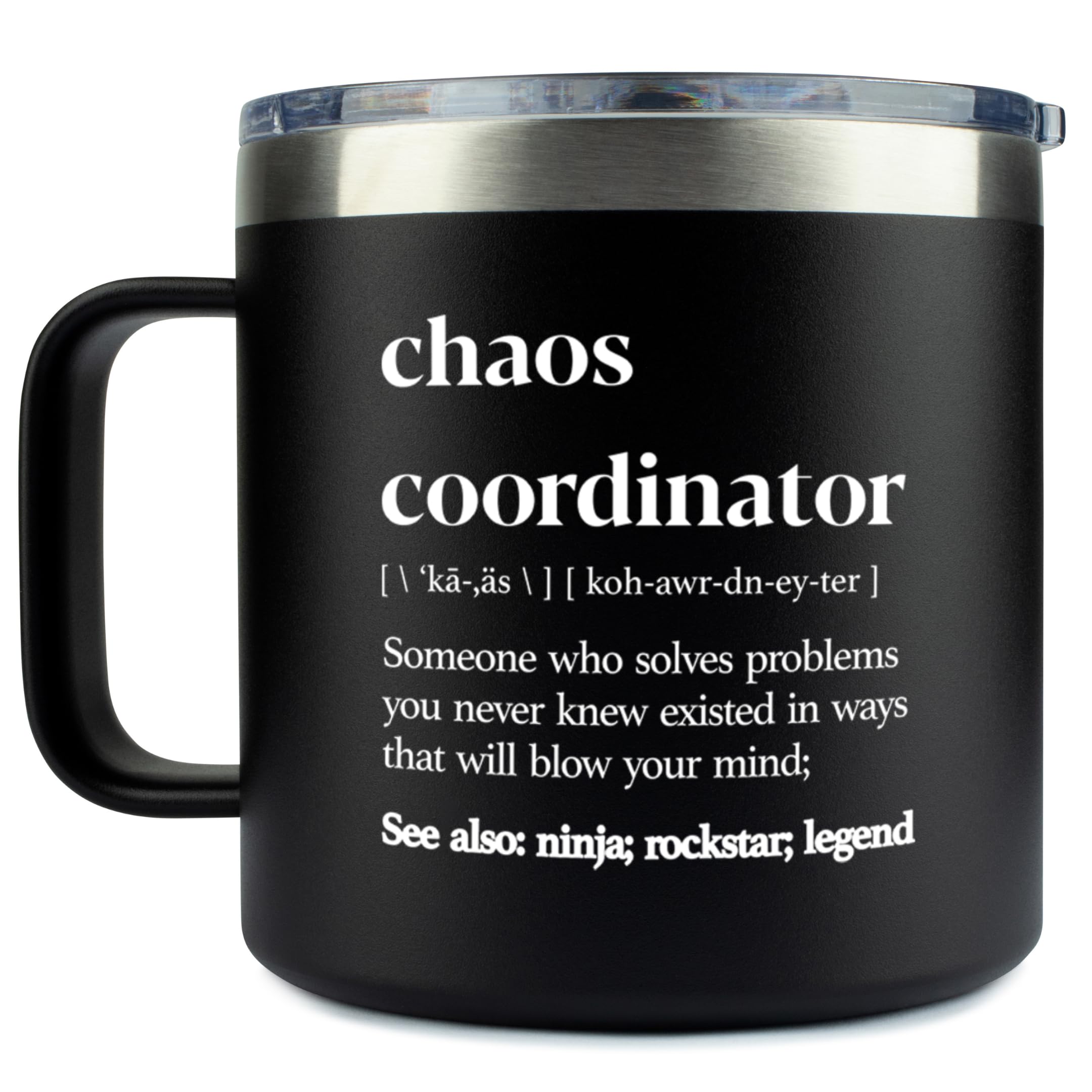 KLUBI Chaos Coordinador, taza negra 14oz vista frontal, ideal para oficina.