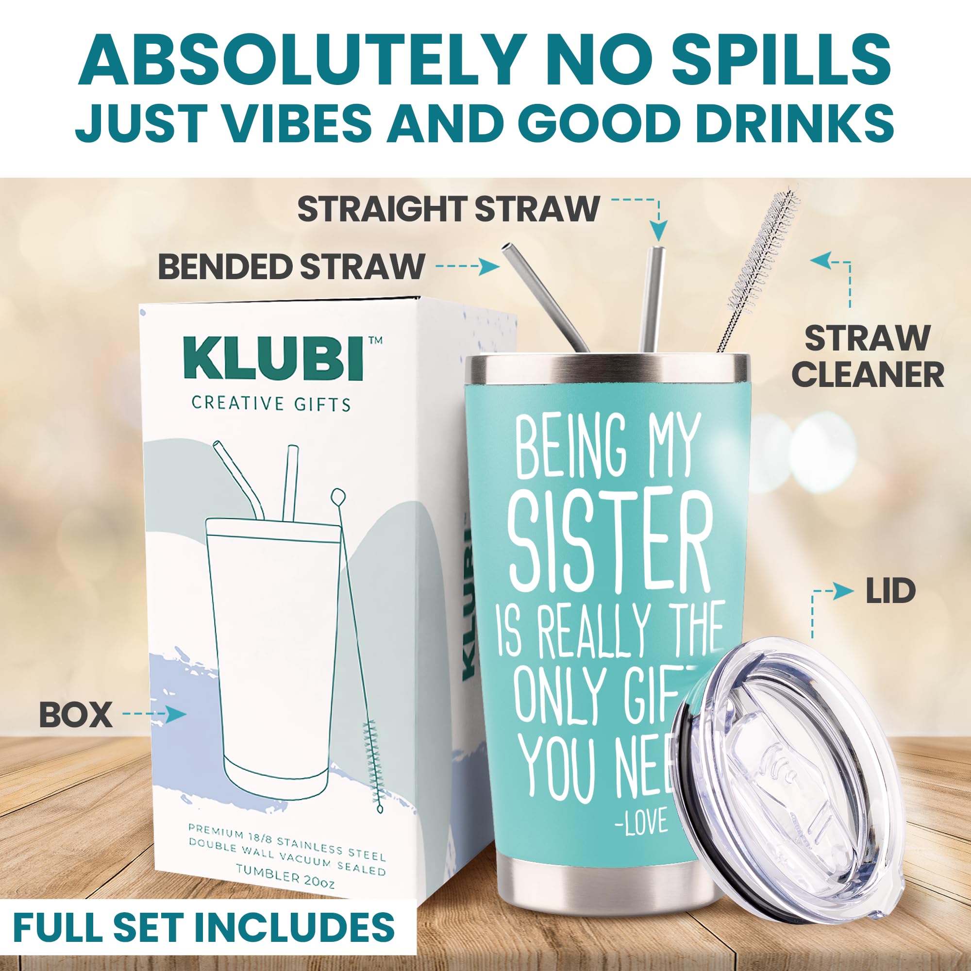 Regalo KLUBI para hermana, 20oz turquesa, ideal para cumpleaños.