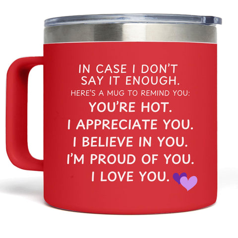 Taza KLUBI 14 onzas roja con frase de amor para empezar el día.