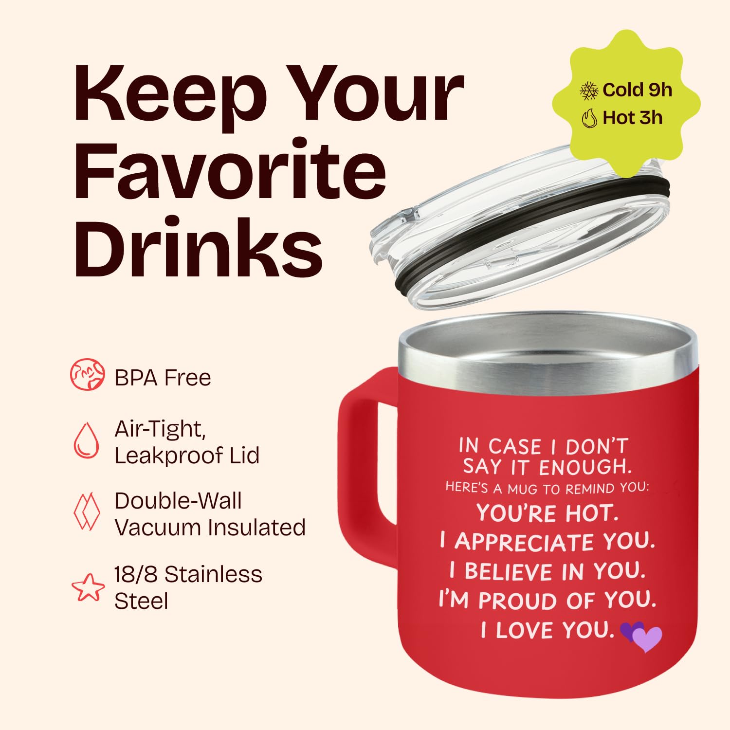 Taza KLUBI con mango ergonómico, cómodo de sostener.