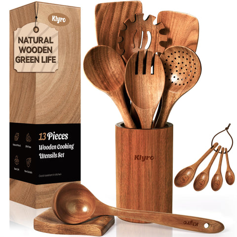 KLYRO utensilios de madera 9 piezas con soporte para uso diario en la cocina
