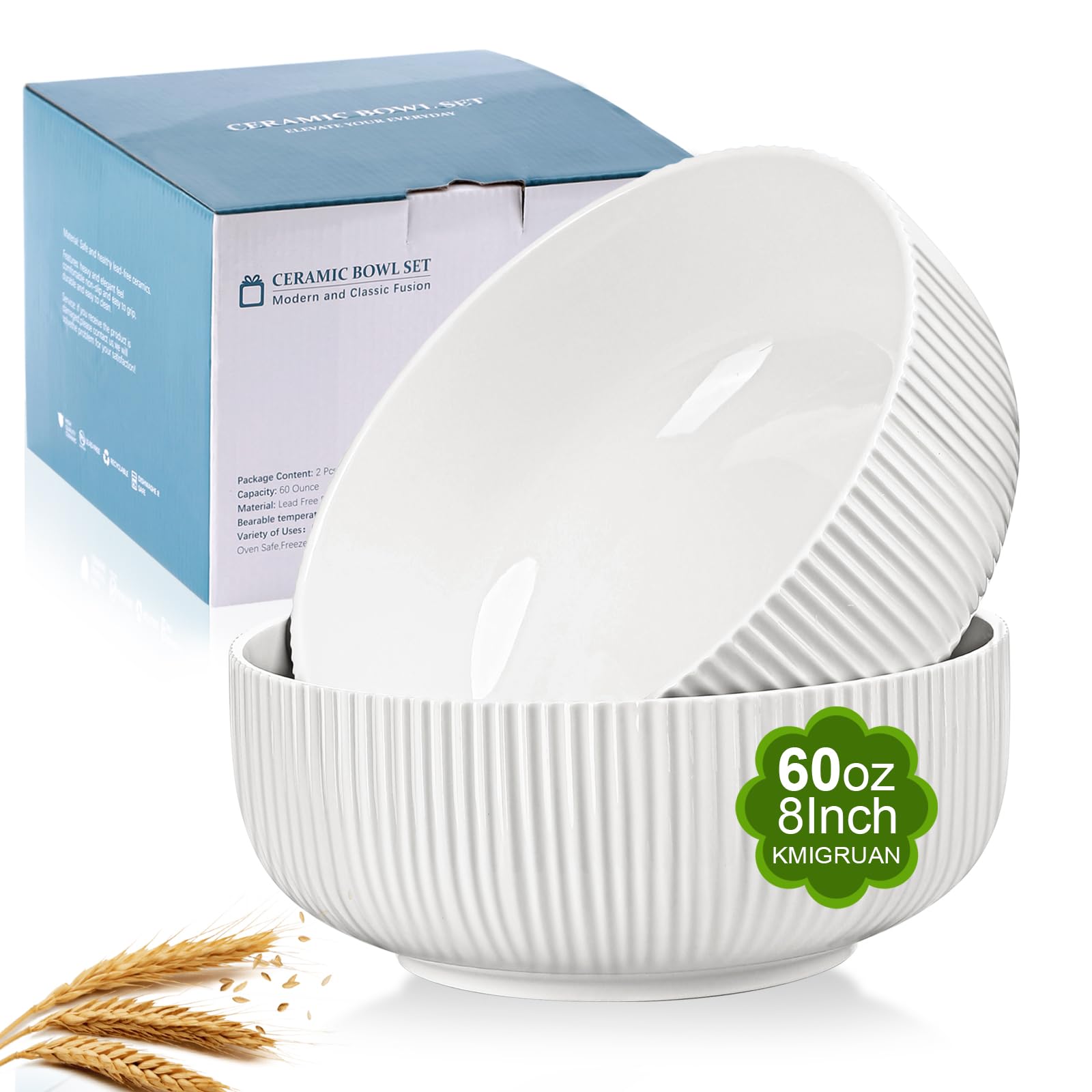 KMIGRUAN tazon ensalada ceramico blanco 8pulgadas para porciones abundantes