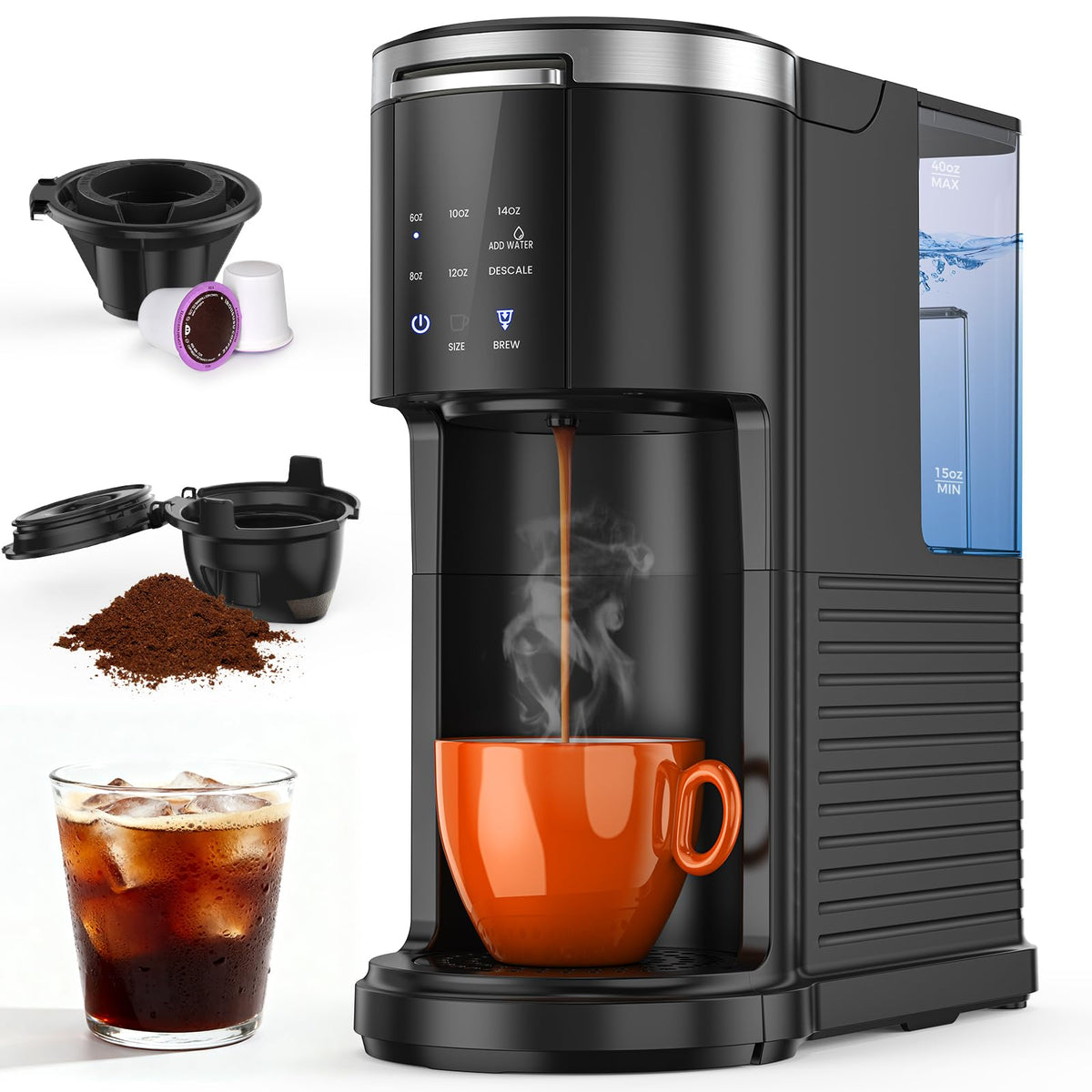 Cafetera Kndko de una porción para cápsulas y café molido.