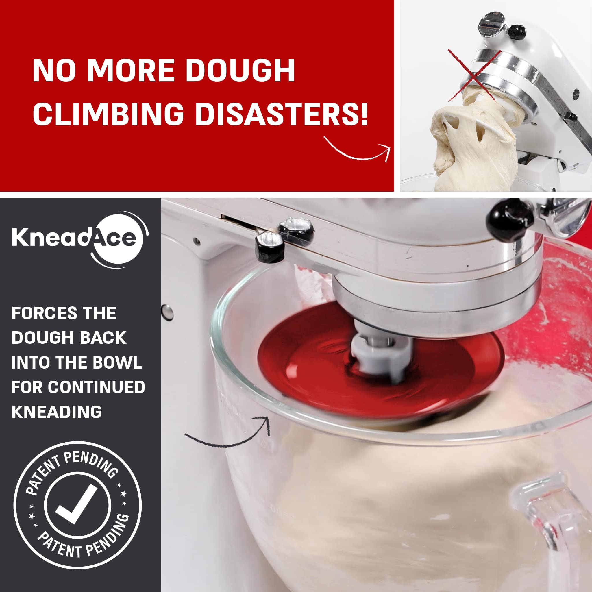 KneadAce mantiene la masa dentro del cuenco para una mezcla limpia.