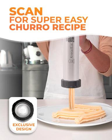 KneadEat Churro Maker Kit boquilla y bolsa: relleno preciso y consistente.