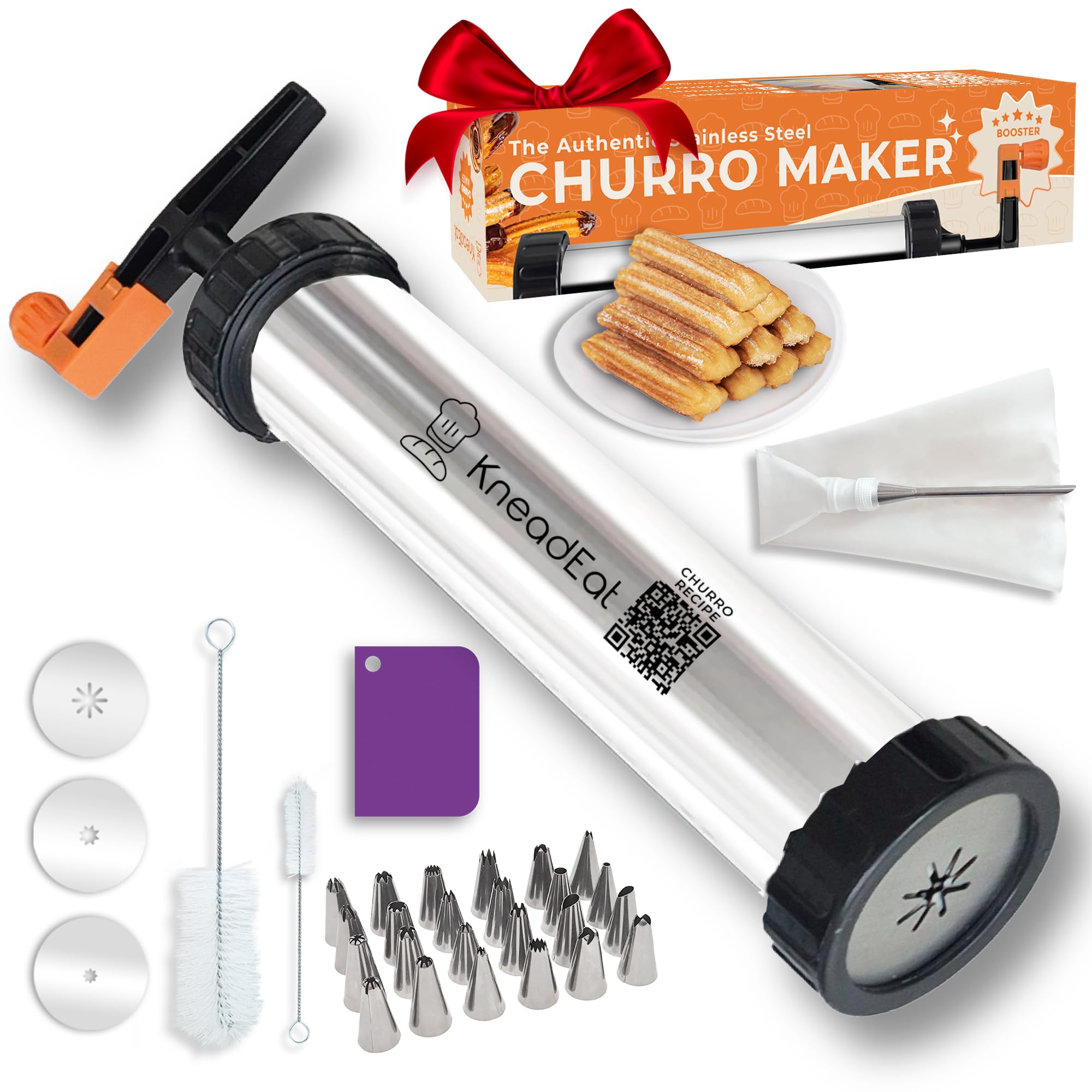 KneadEat Churro Maker Kit frente: compacto y listo para uso casero rápido.