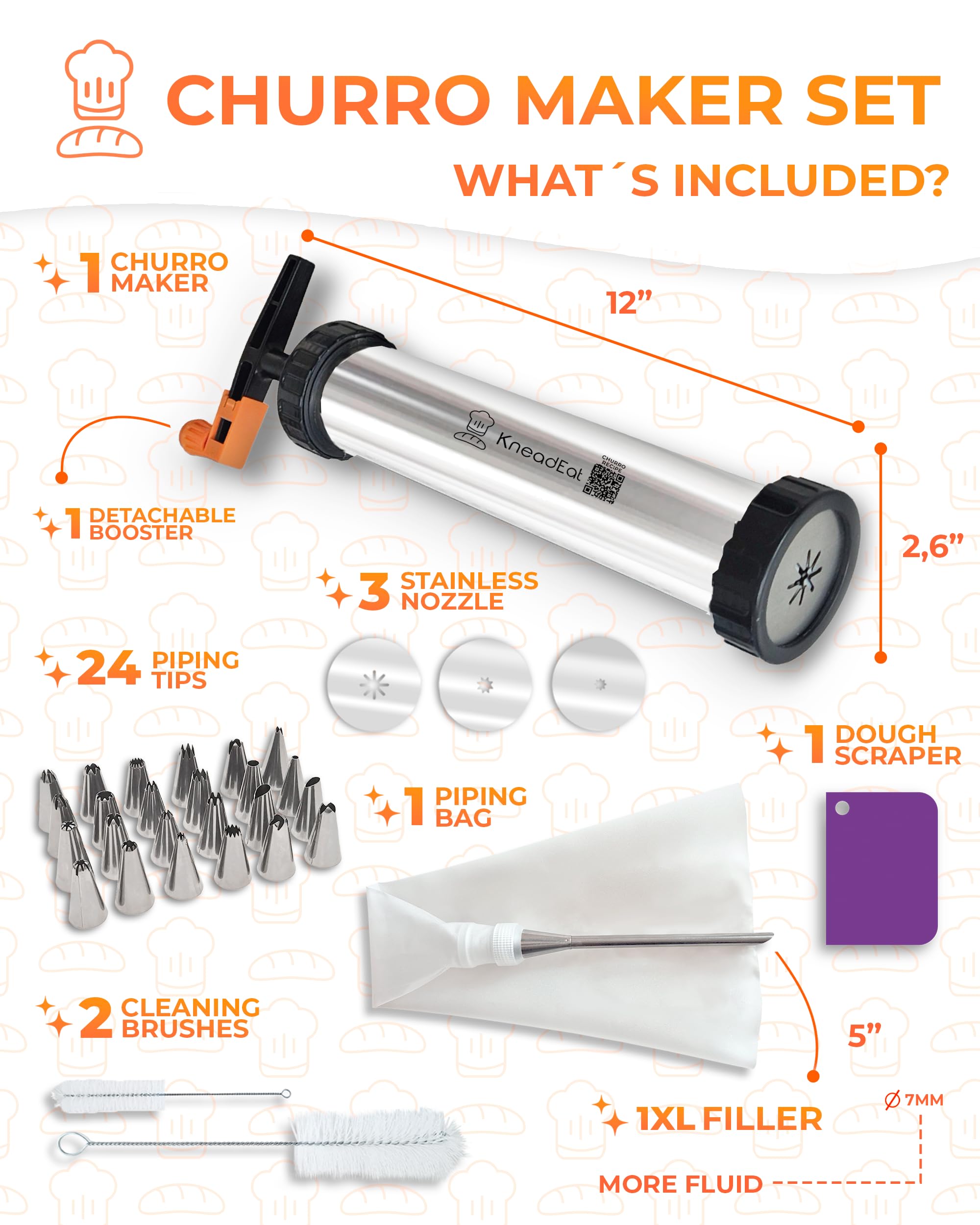 KneadEat Churro Maker Kit manija-potenciada: control suave para rellenar churros.