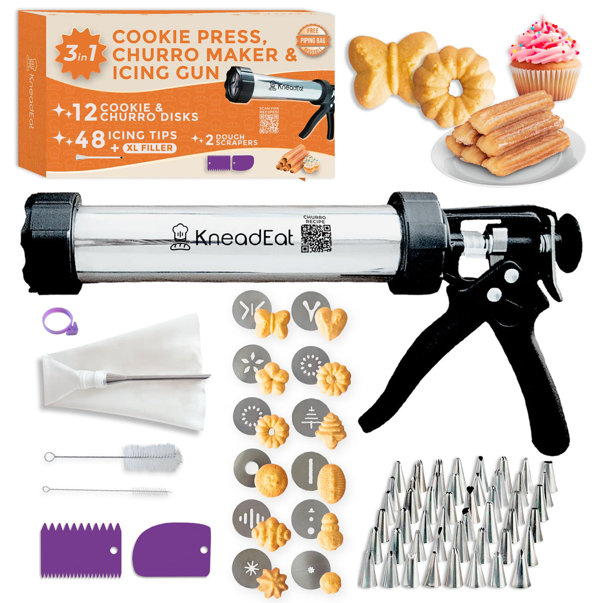KneadEat, máquina 3 en 1 para galletas y churros, facilita repostería casera.