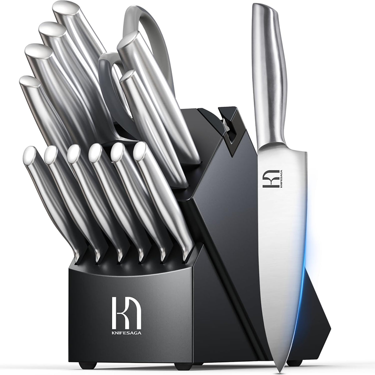 Cuchillos KnifeSaga en bloque de acacia para almacenamiento seguro y estilo moderno.