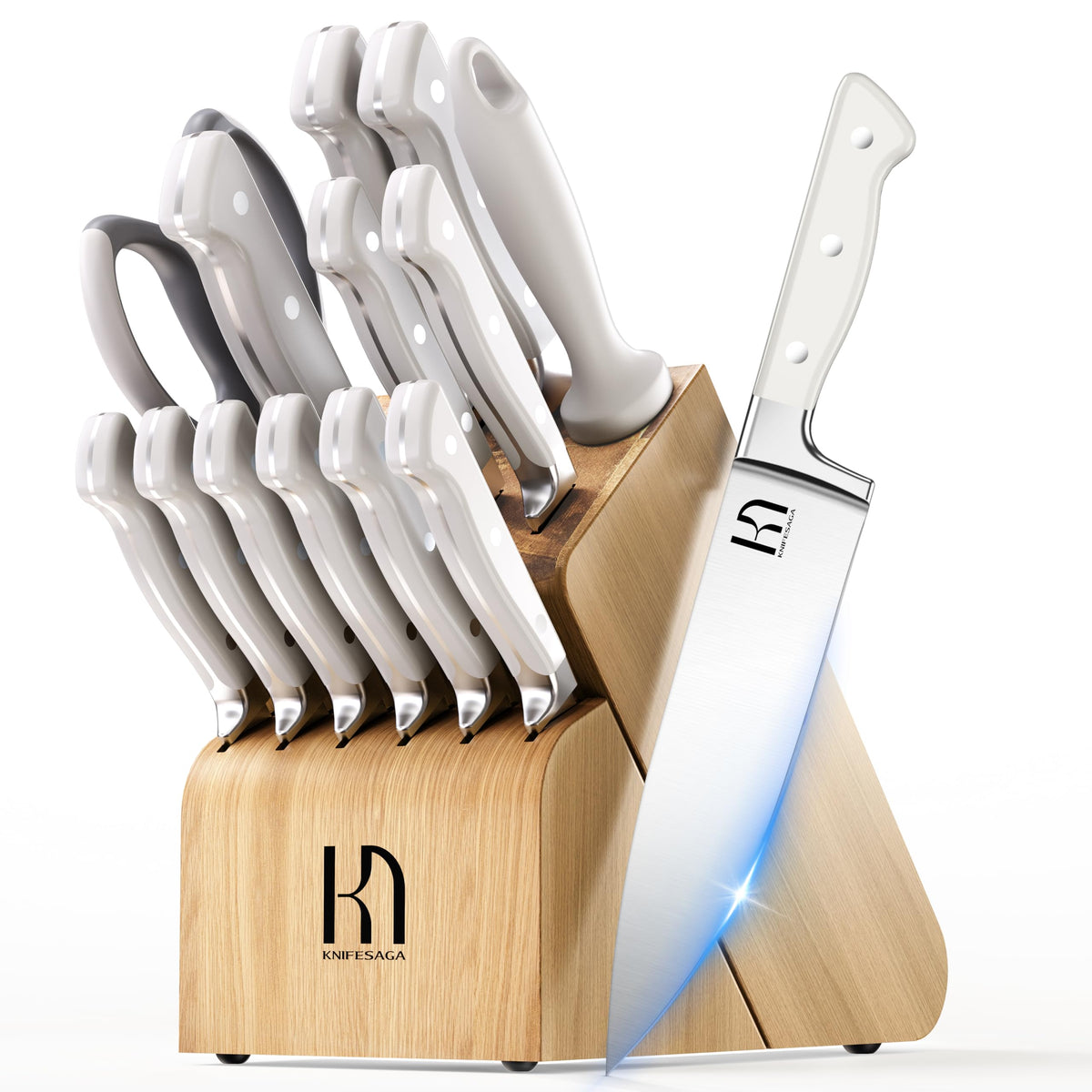 Conjunto KnifeSaga en bloque de madera, almacenamiento estable para uso diario.