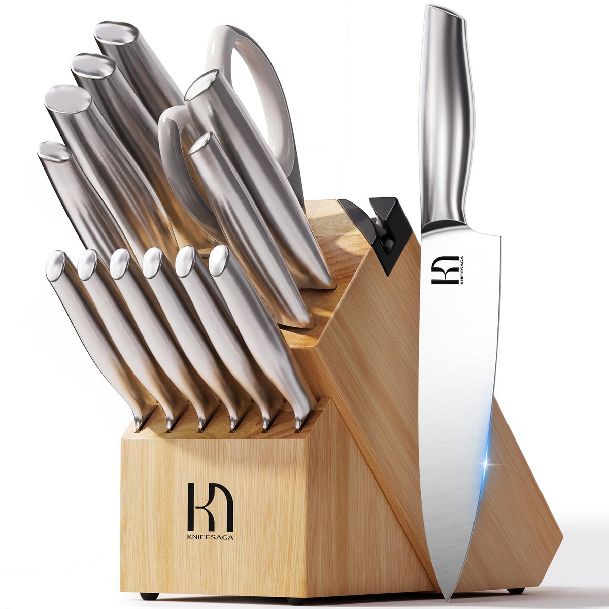 Conjunto Knifesaga de 14 piezas en bloque de madera para organización y estilo profesional en cocina.