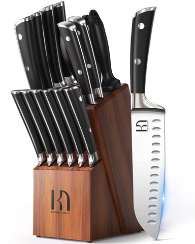 Cuchillos KnifeSaga de 15 piezas sobre bloque de acacia para organización y estilo