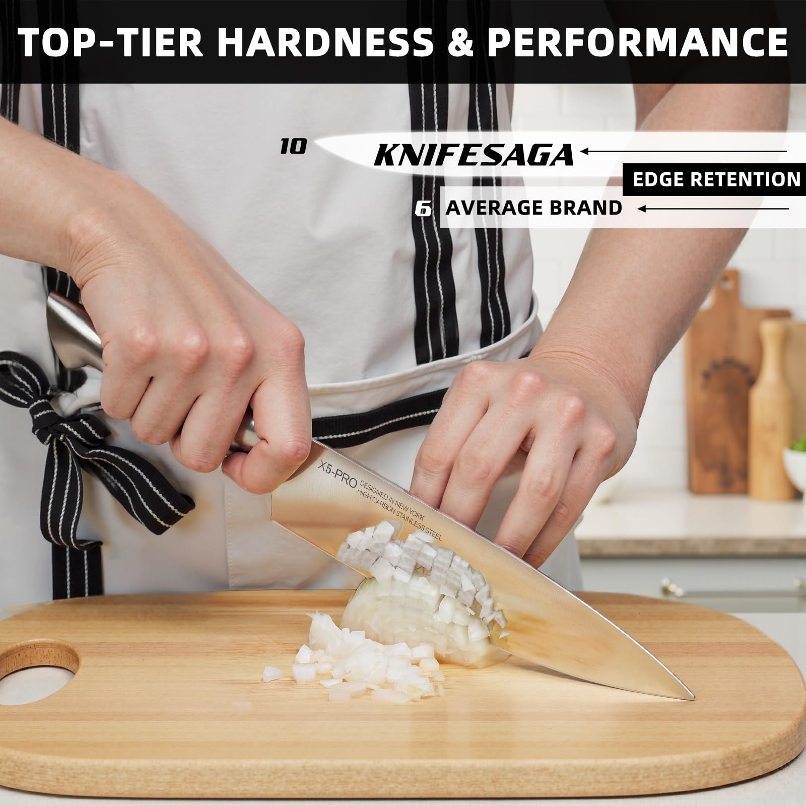 Cuchillo de chef KnifeSaga X5 en uso para preparación eficiente