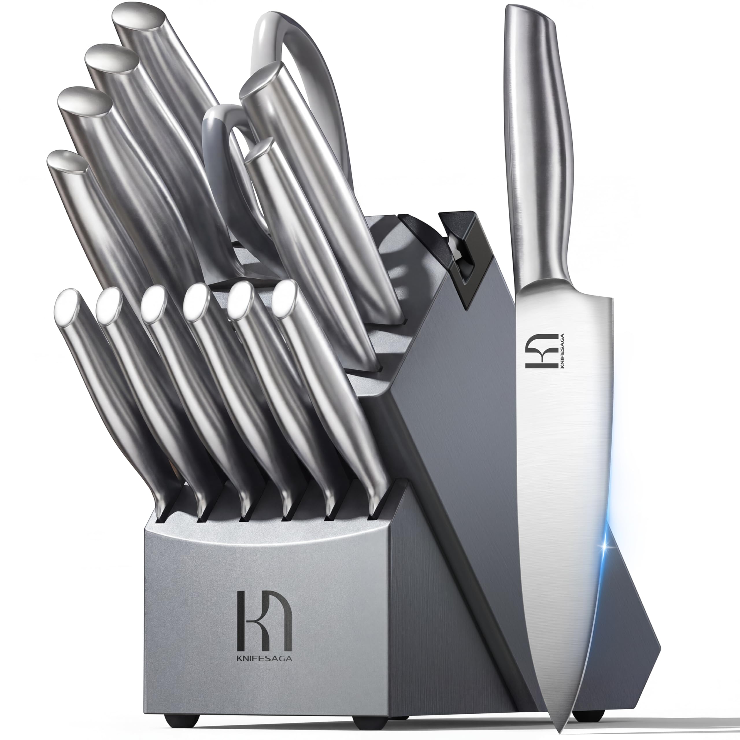 Cuchillos KnifeSaga 14 piezas en bloque de acacia para regalo y organización