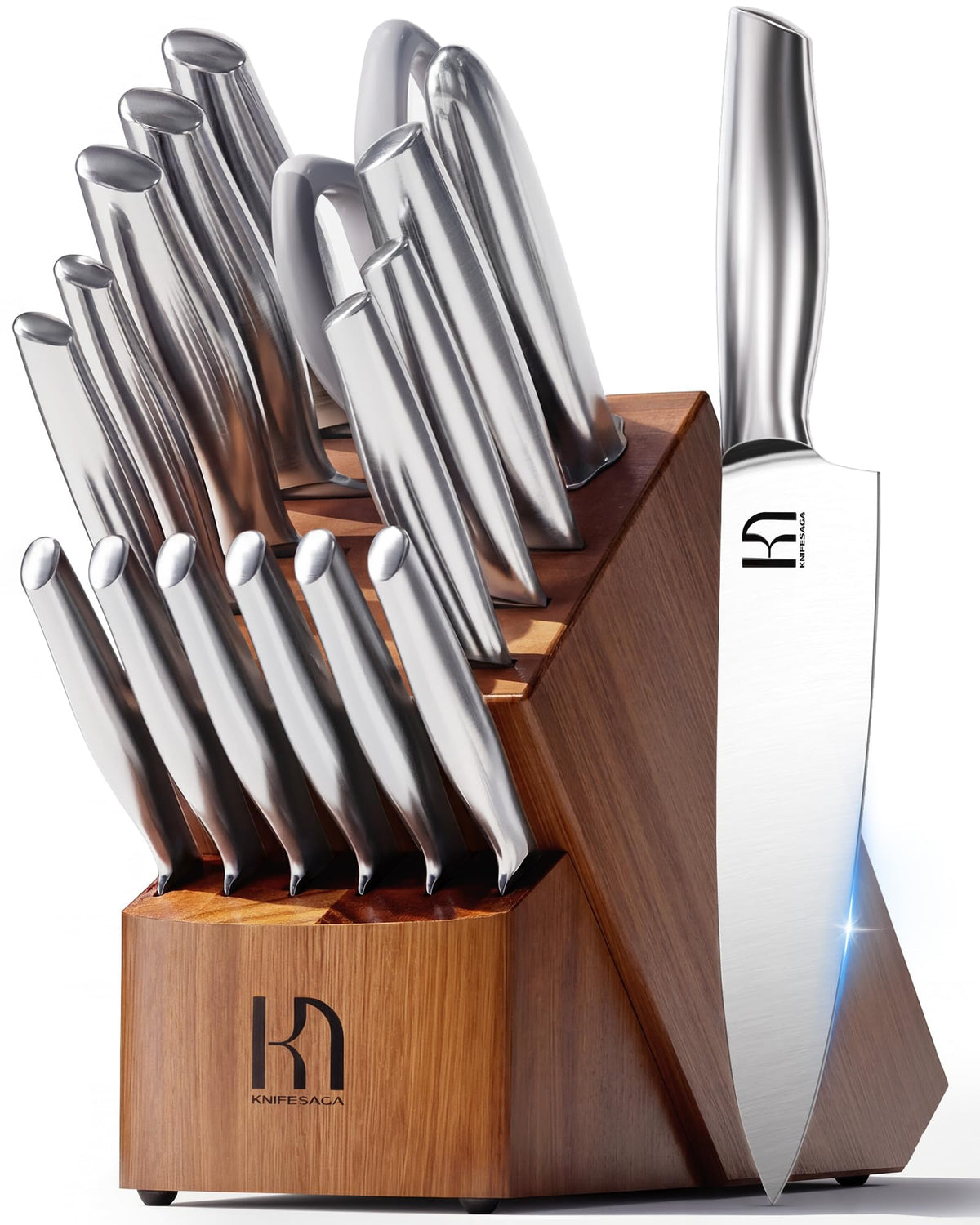 KnifeSaga set de cuchillos en bloque de madera con filo preciso y 17 piezas