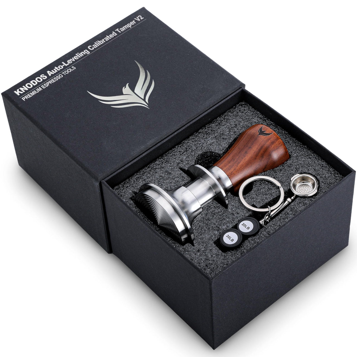 KNODOS prensador 58.5mm con mango de palo rosa para prensar espresso con precisión