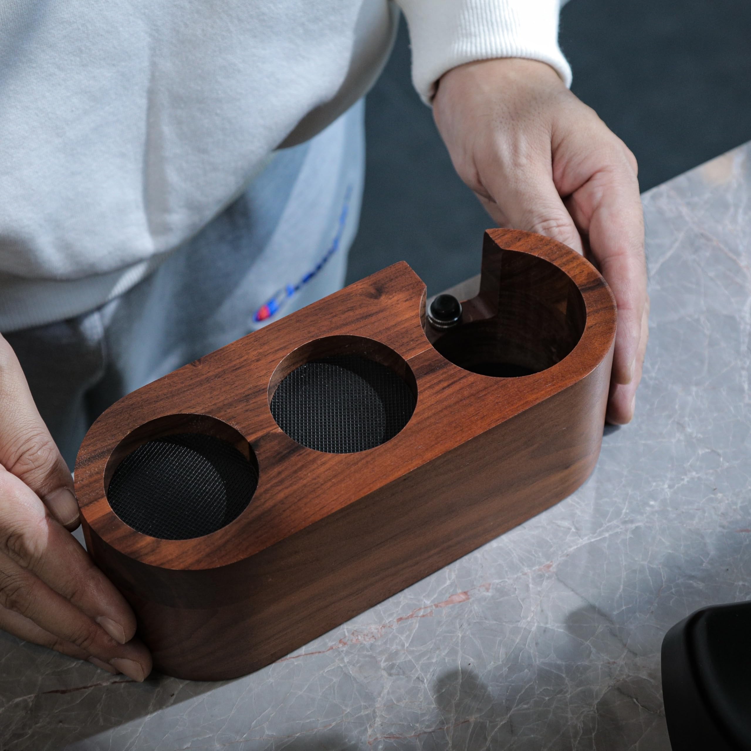 KNODOS soporte portafiltro en madera palo rosa, organización de herramientas de espresso