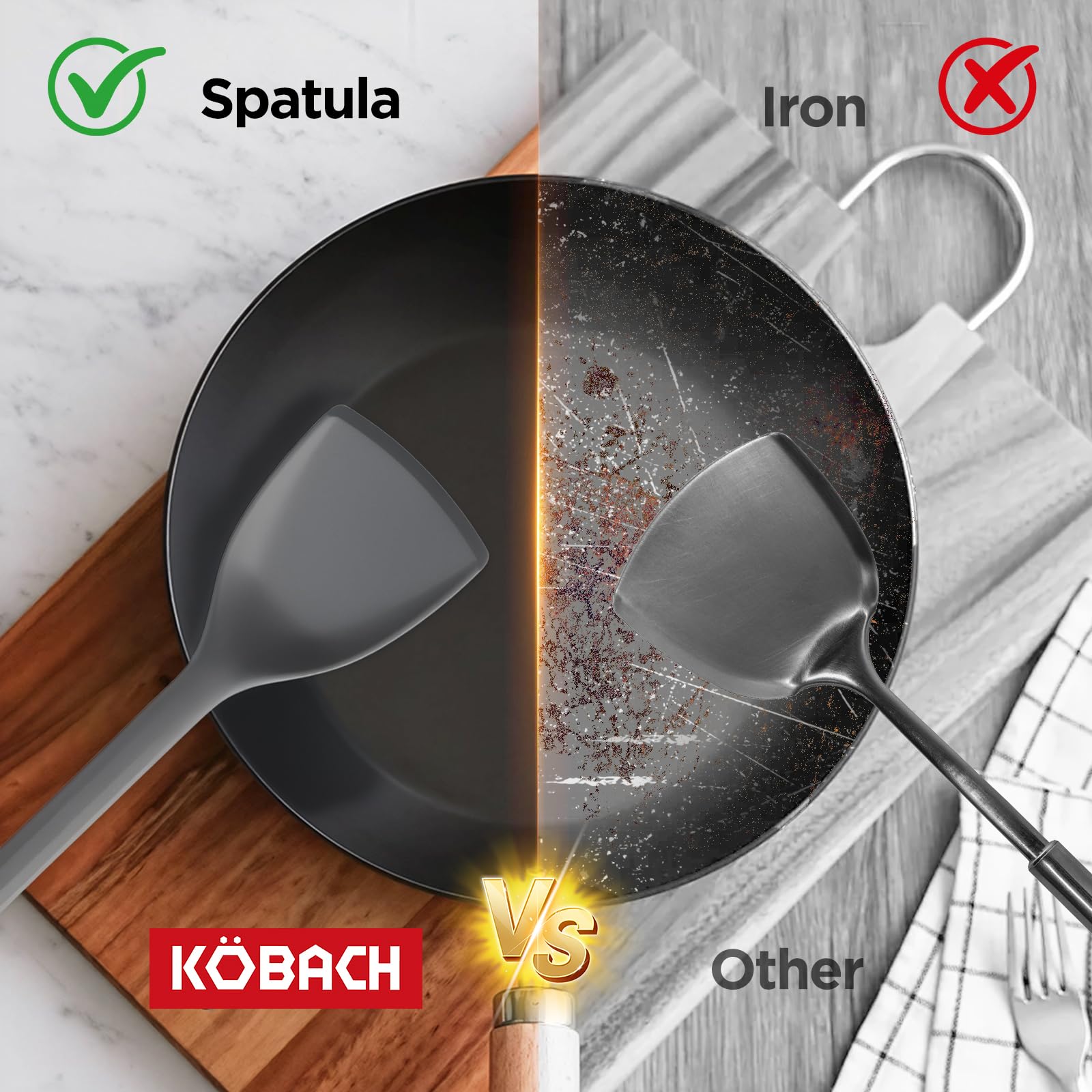 KOBACH espátula de silicona para sartén antiadherente, giro suave y seguro