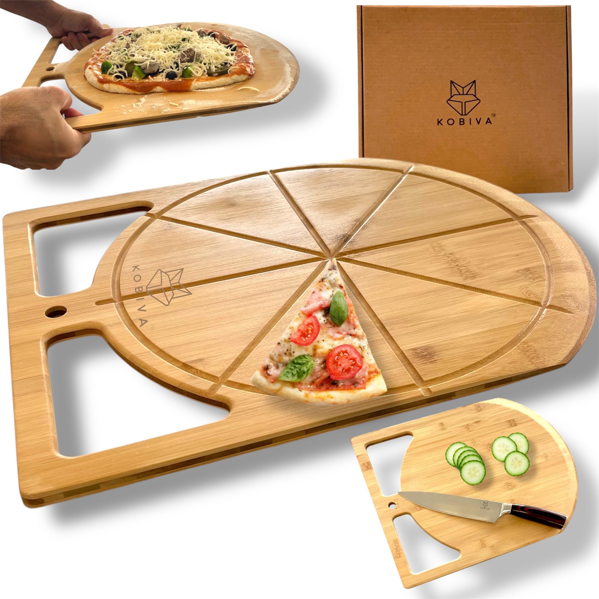 Pala de pizza Kobiva con agarre fácil para cortar y servir con precisión.