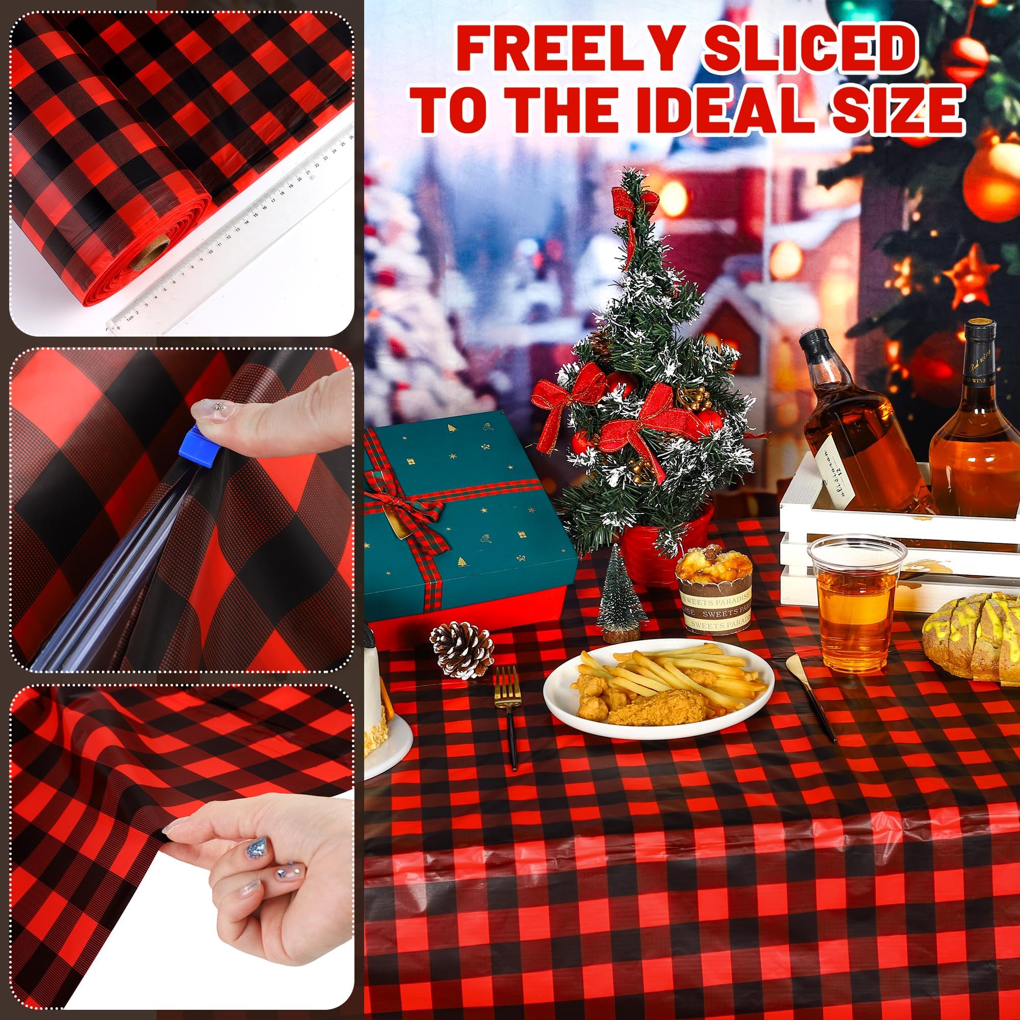 Ambiente festivo con mantel de cuadros para cena navideña.