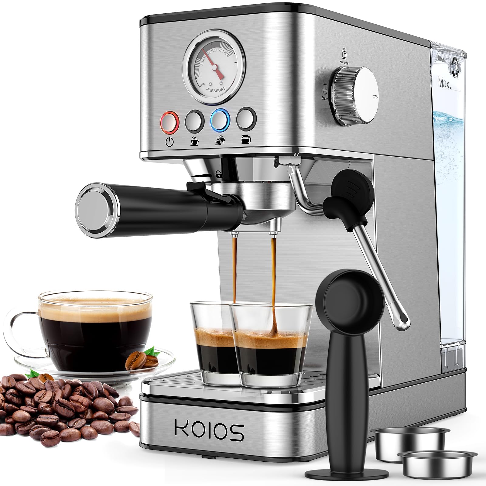 KOIOS expreso frontal plateado, diseño compacto para cocinas pequeñas.