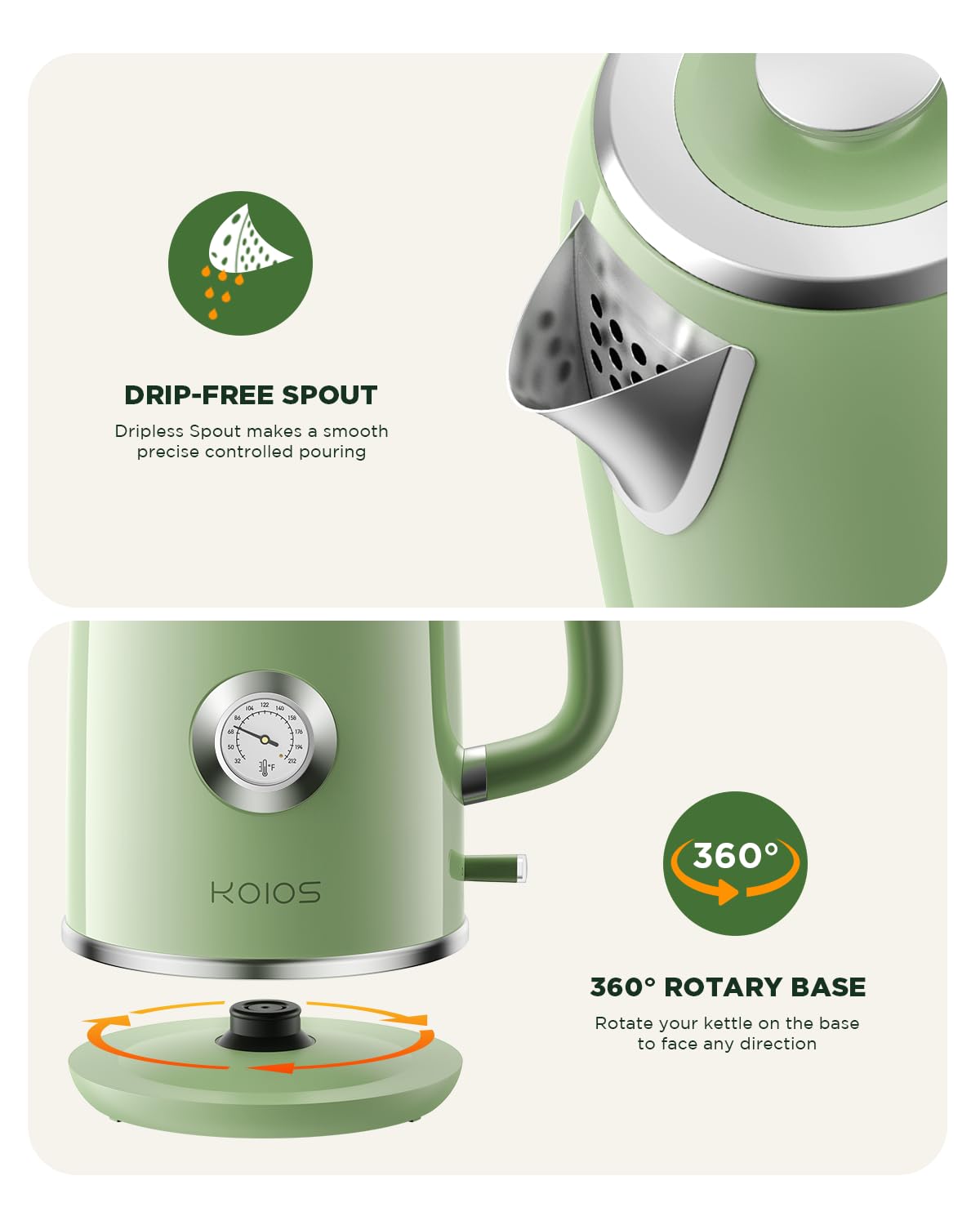 KOIOS tetera eléctrica 1.8L diseño retro aporta estilo a la cocina.