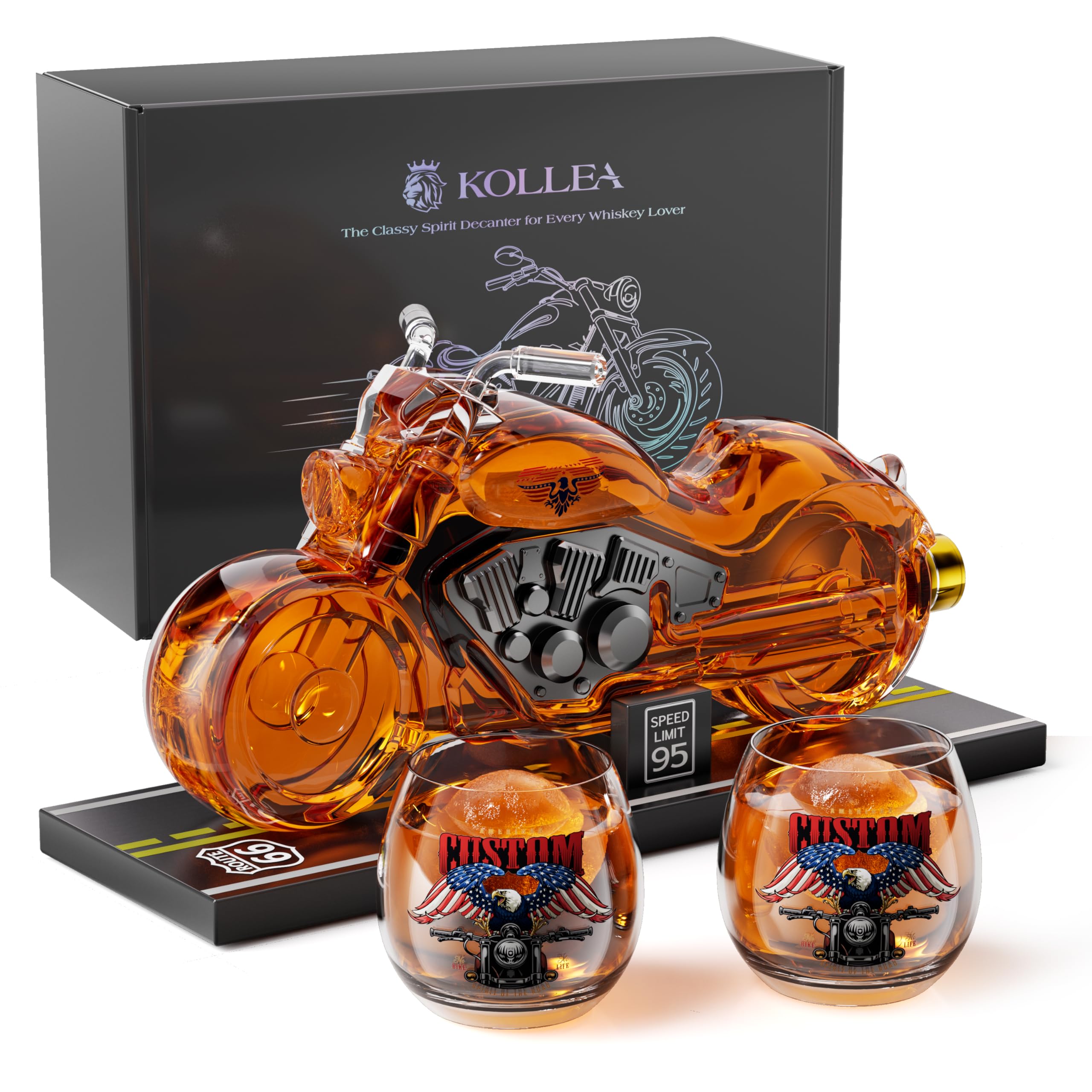 Kollea decantador whisky en moto con bandera, ideal para bar en casa.