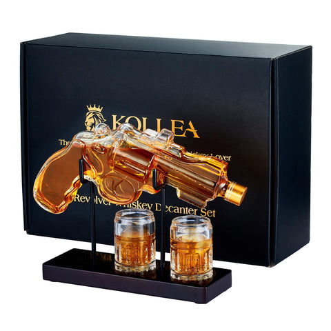 Kollea: decantador de whisky con forma de revólver, ideal para bar en casa.