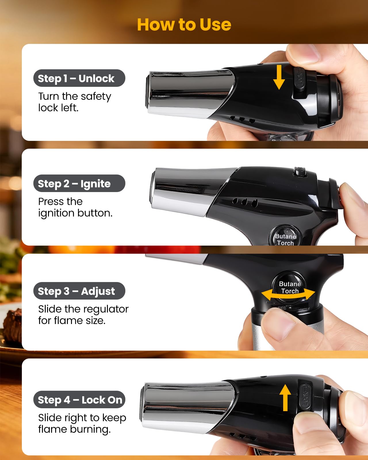 Kollea llama ajustable para caramelizar creme brulee con control preciso.