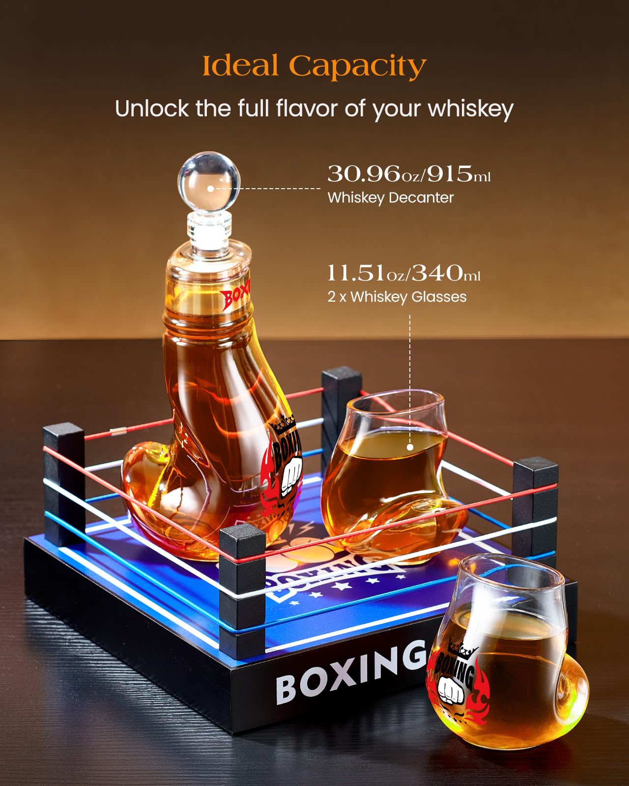 Kollea-set-whiskey-guantes-boxeo: decantador y copas para realzar aromas.
