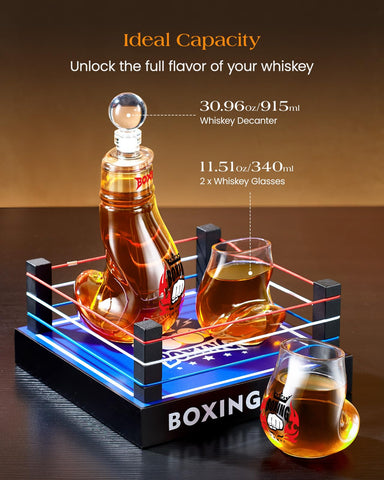 Kollea-set-whiskey-guantes-boxeo: decantador y copas para realzar aromas.