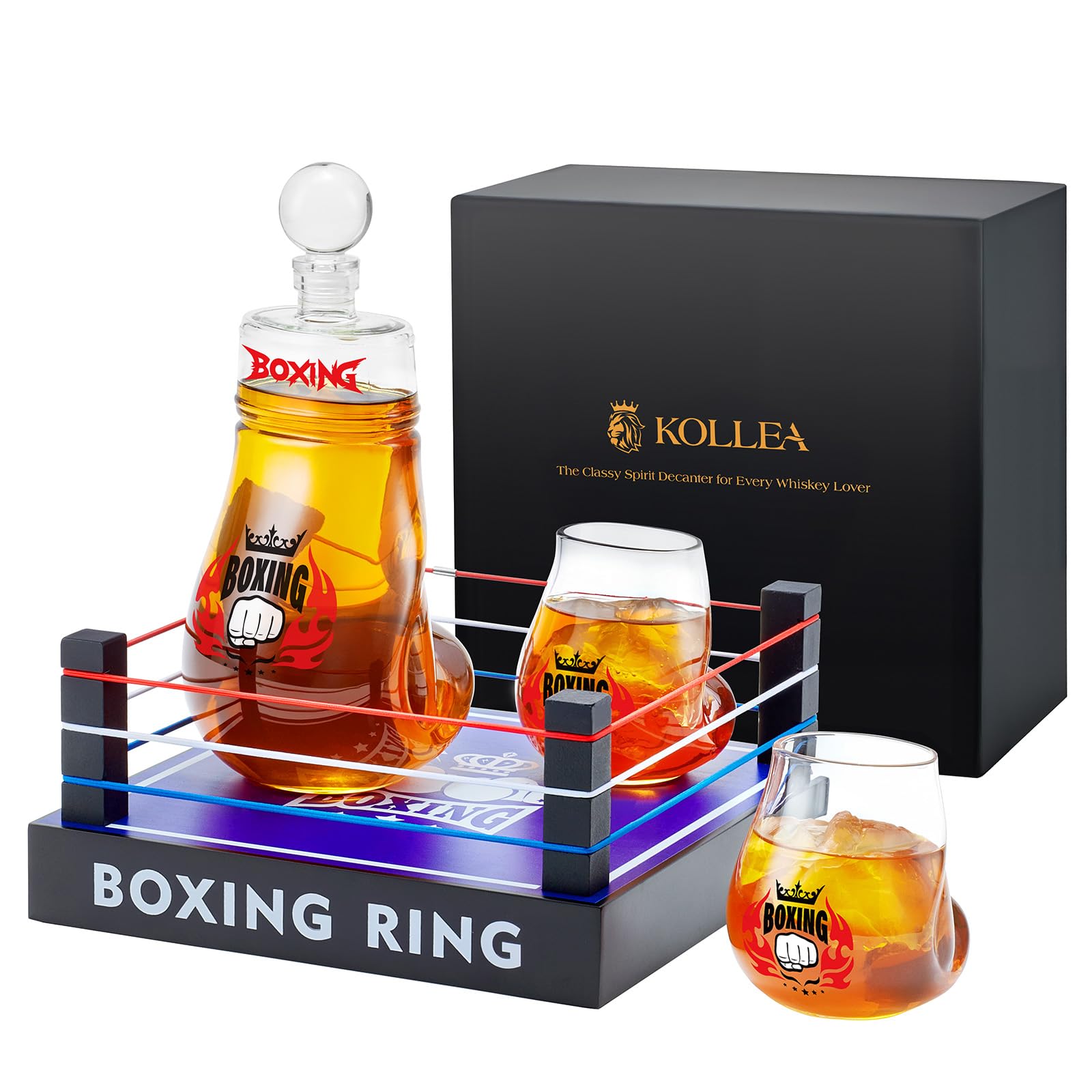 Kollea: decantador con guantes de boxeo sobre base en ring, exhibición elegante en casa.