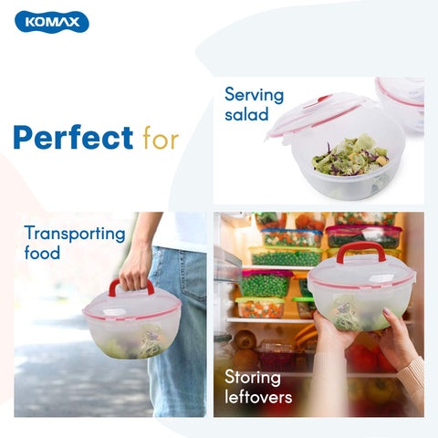 Komax ensaladera grande con tapa facilita mezclar ingredientes sin derrames.