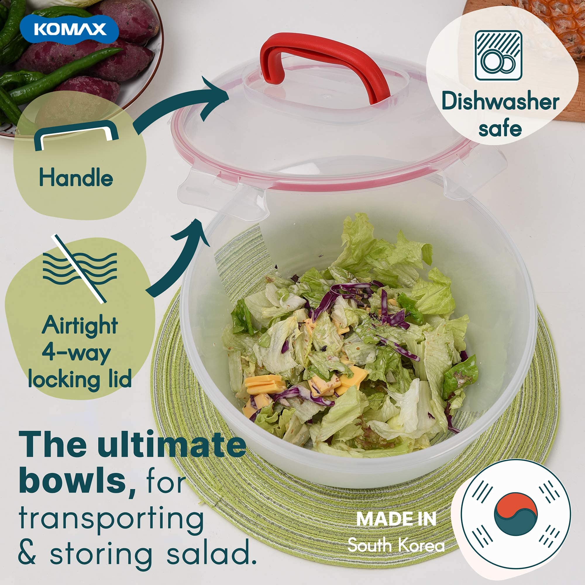 Komax ensaladera grande con tapa apta para microondas para recalentar comidas.
