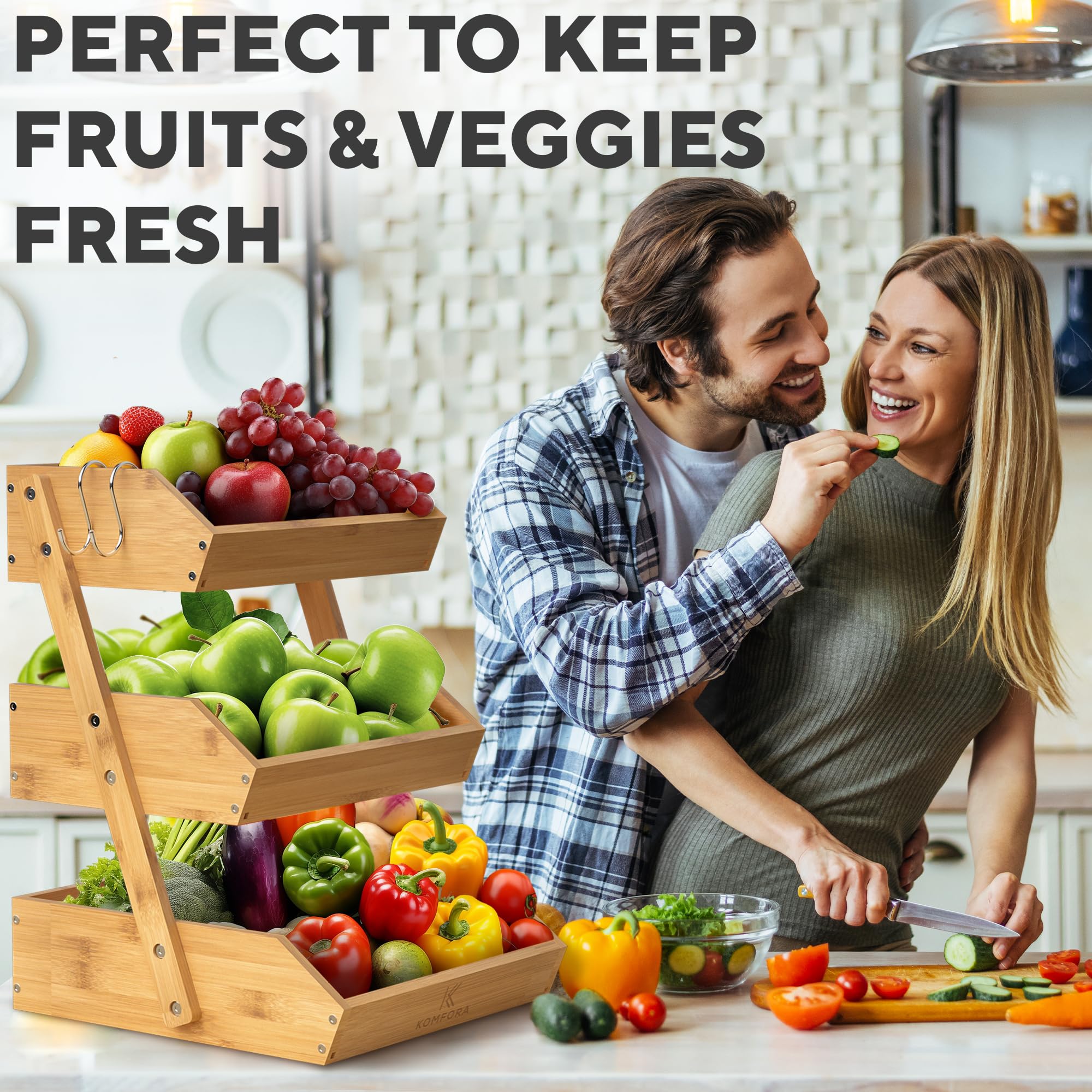 KOMFORA frutero de bambú con ganchos desmontables para plátanos y paños.