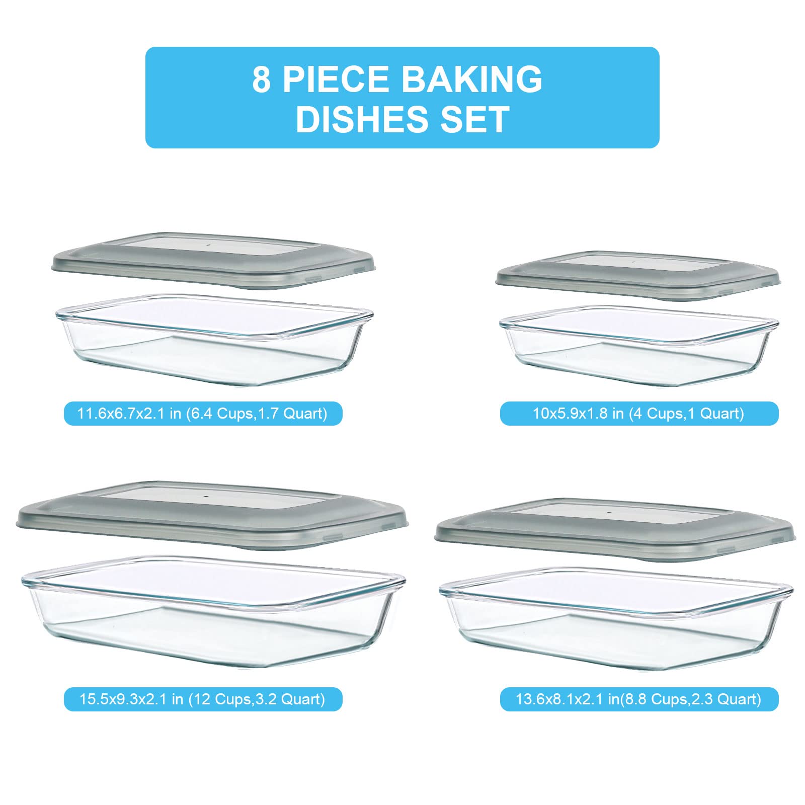 Bandeja Komuee de vidrio rectangular 1.7qt con tapa para múltiples recetas